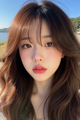 Fototapeta premium Asian Beautiful Female taking a Selfie Photo - Profile Picture - Young Woman outside on Sunny Day in the City - Eastern Lady in Fashionable Clothing - Modelling for Camera Social Media