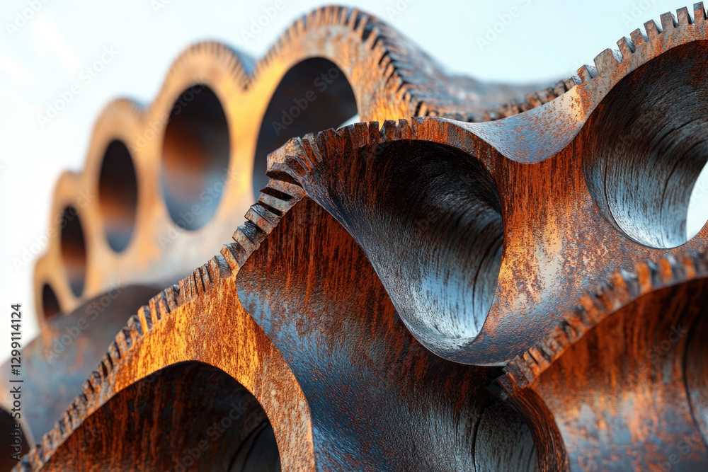 Poster rusty metal gear mechanism with intricate details and weathered texture.