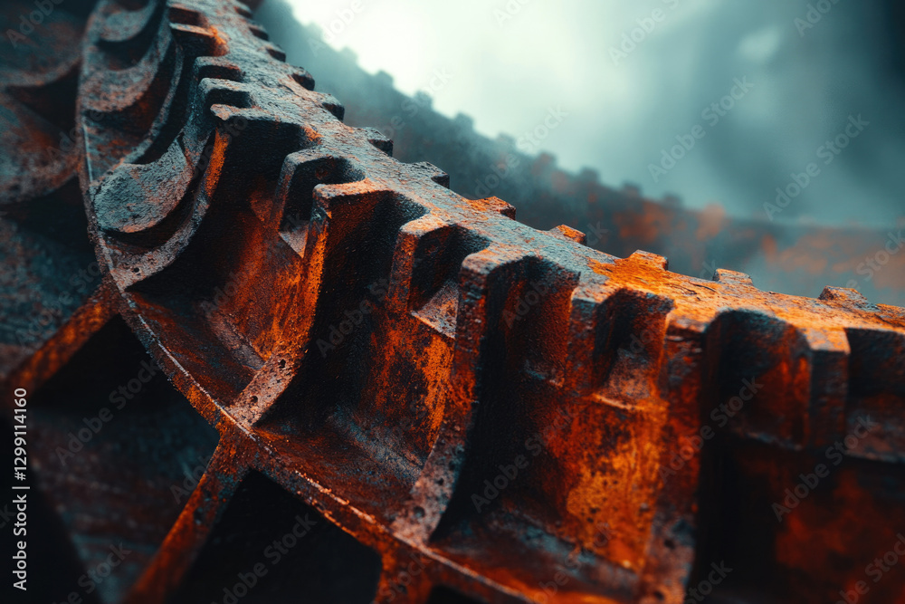 Poster close-up of a rusty, metallic gear, showing intricate details and texture.