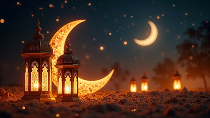 Naklejka premium ramadan kareem greeting moon crescent lanterns background