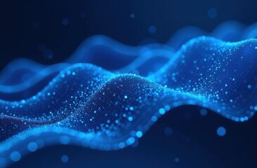 Abstract blue digital waveform with glowing particles in dark background