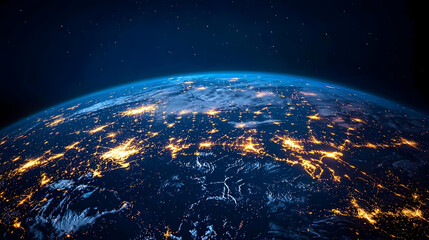 Obraz premium Glowing City Lights On The Earth At Night In Space With Blue Atmosphere and Starry Background