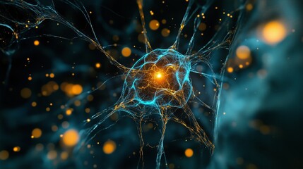 Glowing neuron network with blue and orange connections in dark background