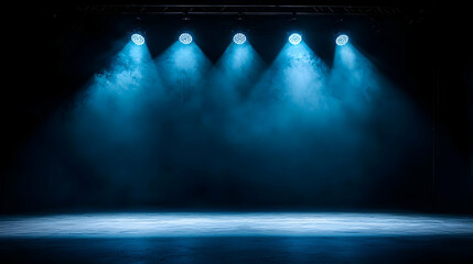 Blue Spotlights Illuminating Empty Stage Creating Dramatic Atmosphere in Dark Space
