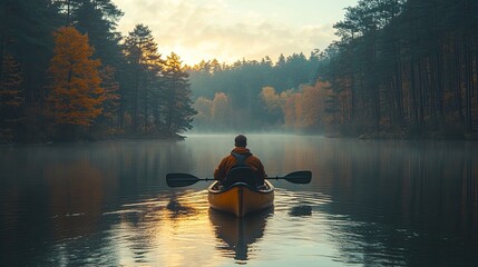 A man paddles a bright orange kayak on a shimmering green lake, surrounded by tall trees and mountains in the background.