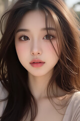 Fototapeta premium Asian Beautiful Female taking a Selfie Photo - Profile Picture - Young Woman outside on Sunny Day in the City - Eastern Lady in Fashionable Clothing - Modelling for Camera Social Media