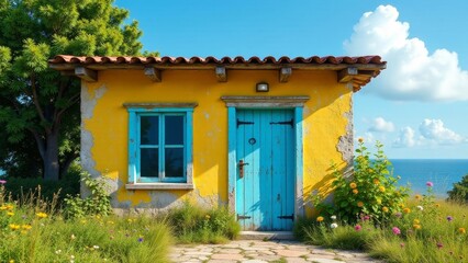Fototapeta premium Quaint Coastal Cottage with Vibrant Yellow Walls and Weathered Turquoise Door, Nestled Amidst Blooming Wildflowers and Overlooking a Serene Ocean Horizon