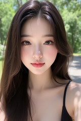Fototapeta premium Asian Beautiful Female taking a Selfie Photo - Profile Picture - Young Woman outside on Sunny Day in the City - Eastern Lady in Fashionable Clothing - Modelling for Camera Social Media