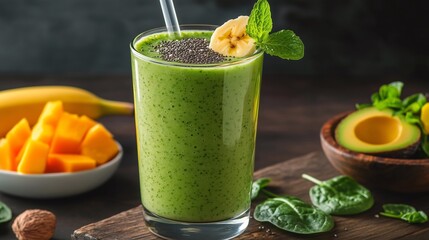Photograph of aPhotograph of a vibrant green detox smoothie in a tall glass, made with spinach, avocado, banana, and almo smoothie in a tall glass, made with spinach, avocado, banana, and almond milk.