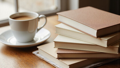 Fototapeta premium Coffee cup beside stacked books on wooden table