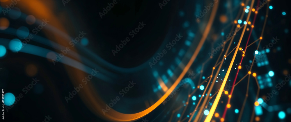 Poster Abstract technology background with glowing lines and particles flowing