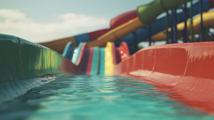 Obraz premium Waterpark slide with colorful lanes. An exciting and refreshing summertime experience. Fun for the whole family, perfect for a hot day and recreation activity.