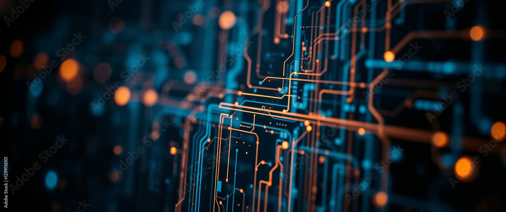 Poster printed circuit board showing data flowing through electronic connections