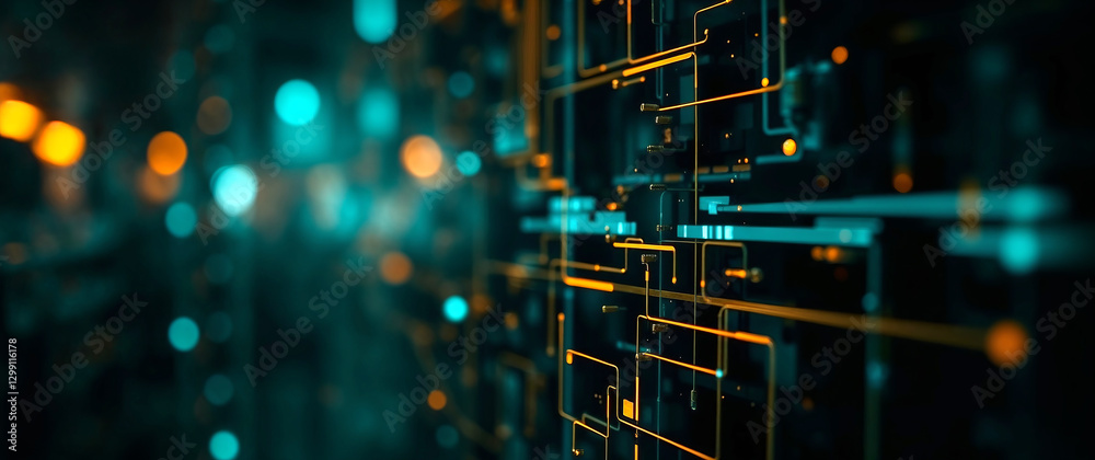Poster futuristic server room circuit board glowing with data transferring