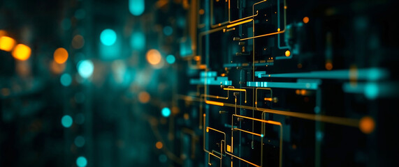 Futuristic server room circuit board glowing with data transferring
