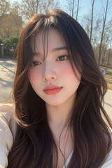 Fototapeta premium Asian Beautiful Female taking a Selfie Photo - Profile Picture - Young Woman outside on Sunny Day in the City - Eastern Lady in Fashionable Clothing - Modelling for Camera Social Media