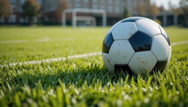 Soccer ball rolling on grass field outdoor sports event urban environment close-up perspective athletic concept