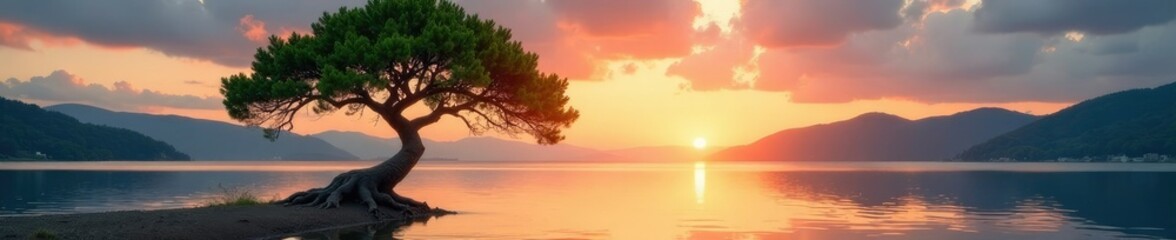 Fototapeta premium Cypress tree grows out of the lake bed with its roots visible and branches stretching towards the sky at sunset, cypress, tranquil, peaceful
