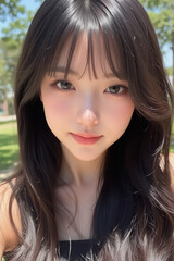 Obraz premium Asian Beautiful Female taking a Selfie Photo - Profile Picture - Young Woman outside on Sunny Day in the City - Eastern Lady in Fashionable Clothing - Modelling for Camera Social Media