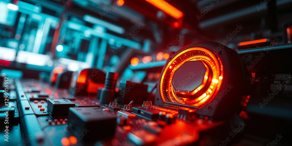 Poster futuristic liquid cooling system displaying temperature on motherboard