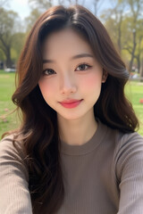 Fototapeta premium Asian Beautiful Female taking a Selfie Photo - Profile Picture - Young Woman outside on Sunny Day in the City - Eastern Lady in Fashionable Clothing - Modelling for Camera Social Media