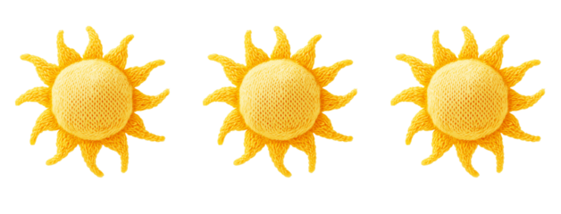 3 yellow knitted suns on a transparent background, in a knolling layout, in a clipart style, in PNG format
