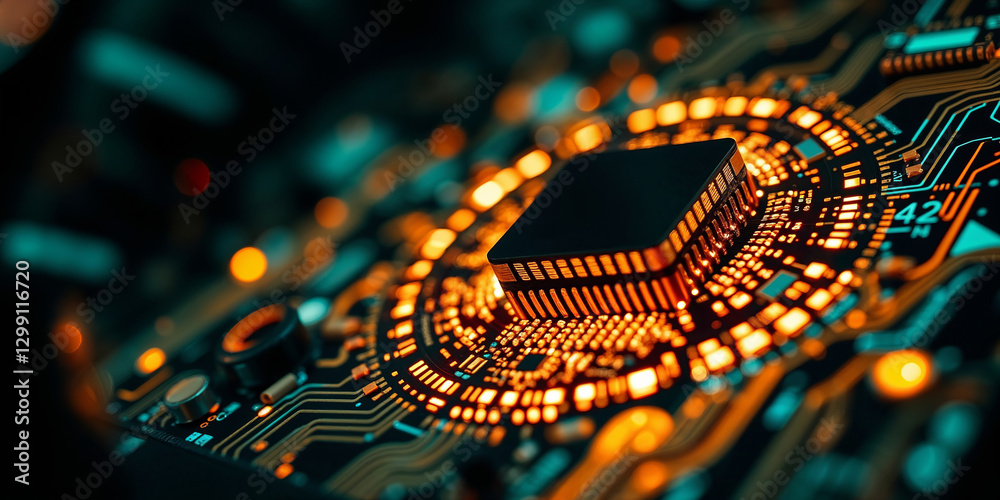 Aufkleber cpu processing data on motherboard with orange lights