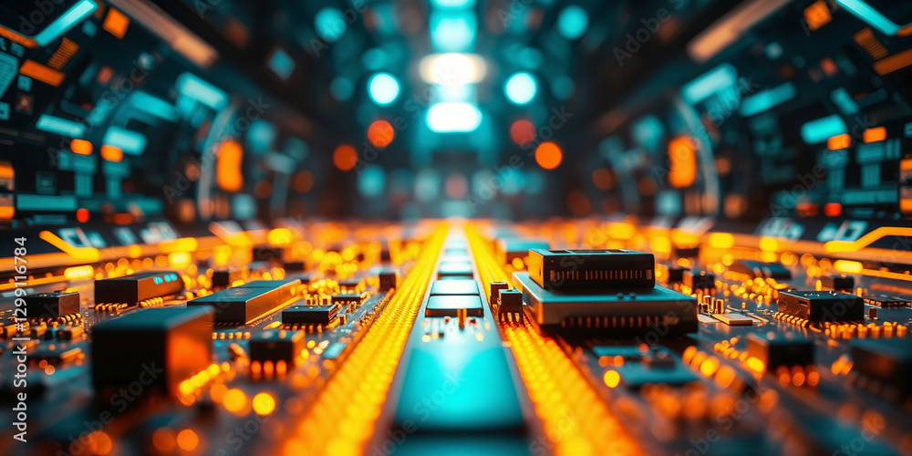 Poster futuristic server room data center with glowing circuit boards