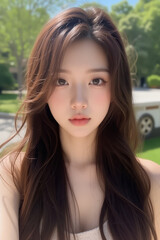 Obraz premium Asian Beautiful Female taking a Selfie Photo - Profile Picture - Young Woman outside on Sunny Day in the City - Eastern Lady in Fashionable Clothing - Modelling for Camera Social Media