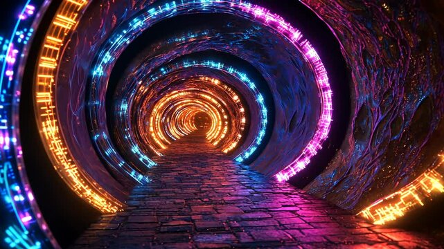 A glowing, neon-lit tunnel with a brick pathway leading into a swirling portal of vibrant colors