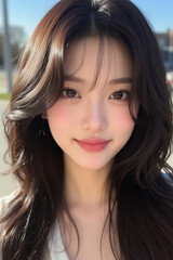 Naklejka premium Asian Beautiful Female taking a Selfie Photo - Profile Picture - Young Woman outside on Sunny Day in the City - Eastern Lady in Fashionable Clothing - Modelling for Camera Social Media