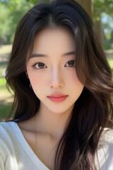 Naklejka premium Asian Beautiful Female taking a Selfie Photo - Profile Picture - Young Woman outside on Sunny Day in the City - Eastern Lady in Fashionable Clothing - Modelling for Camera Social Media