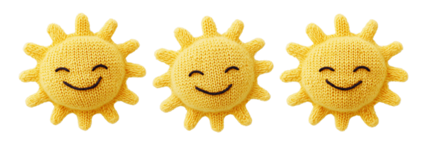  3 yellow knitted suns on a transparent background, in a knolling layout, in a clipart style, in PNG format