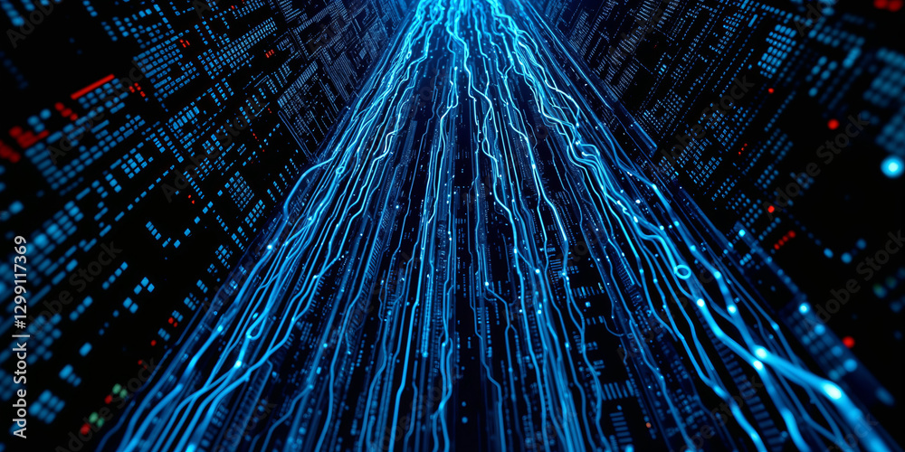 Poster digital data flowing through cyberspace with futuristic information transfer