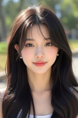 Fototapeta premium Asian Beautiful Female taking a Selfie Photo - Profile Picture - Young Woman outside on Sunny Day in the City - Eastern Lady in Fashionable Clothing - Modelling for Camera Social Media