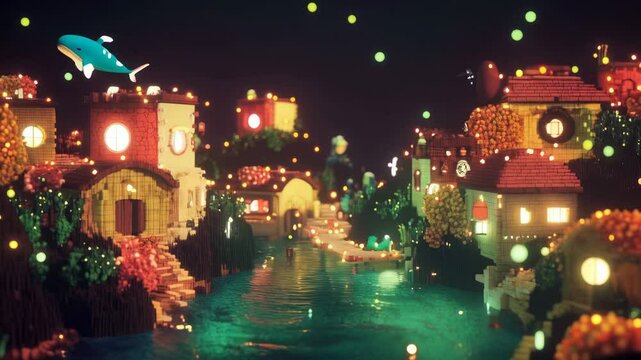 Enchanted River Village: A Nighttime Pixel Art Fantasy