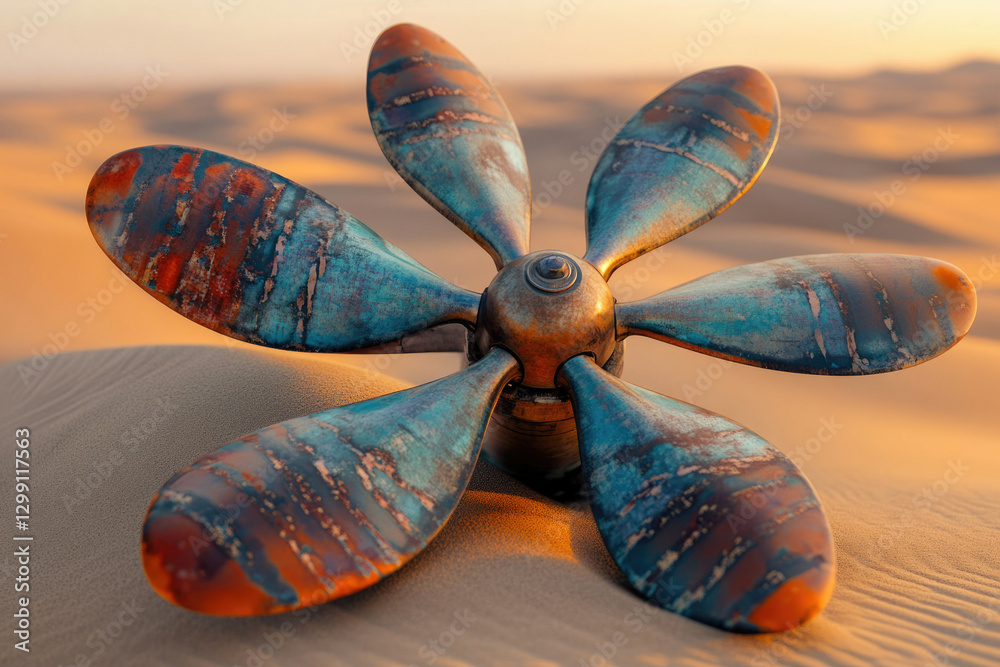 Poster rustic airplane propeller rests in desert sand, bathed in sunset's glow.