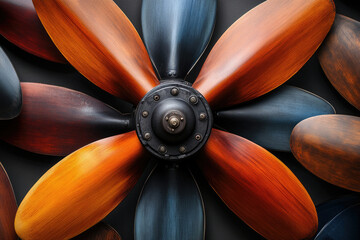 A close-up view of a beautifully crafted wooden airplane propeller with a dark metal hub.