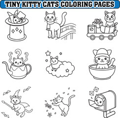 Tiny cats coloring pages, kitty coloring page, cat coloring page, bold and easy coloring pages, line art illustration, black and white
