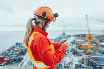 Caucasian female engineer using tablet at construction site