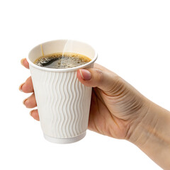 Hand holding hot coffee in white cup isolated on a white background ai png