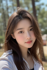 Obraz premium Asian Beautiful Female taking a Selfie Photo - Profile Picture - Young Woman outside on Sunny Day in the City - Eastern Lady in Fashionable Clothing - Modelling for Camera Social Media
