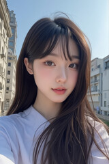 Asian Beautiful Female taking a Selfie Photo - Profile Picture - Young Woman outside on Sunny Day in the City - Eastern Lady in Fashionable Clothing - Modelling for Camera Social Media