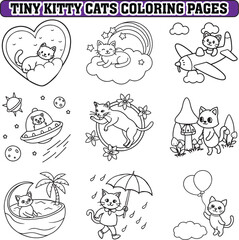 Tiny cats coloring pages, kitty coloring page, cat coloring page, bold and easy coloring pages, line art illustration, black and white