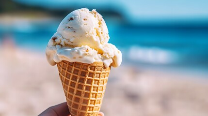 Delicious ice cream cone held up in front of a blurred beach backdrop. Pure summer indulgence!