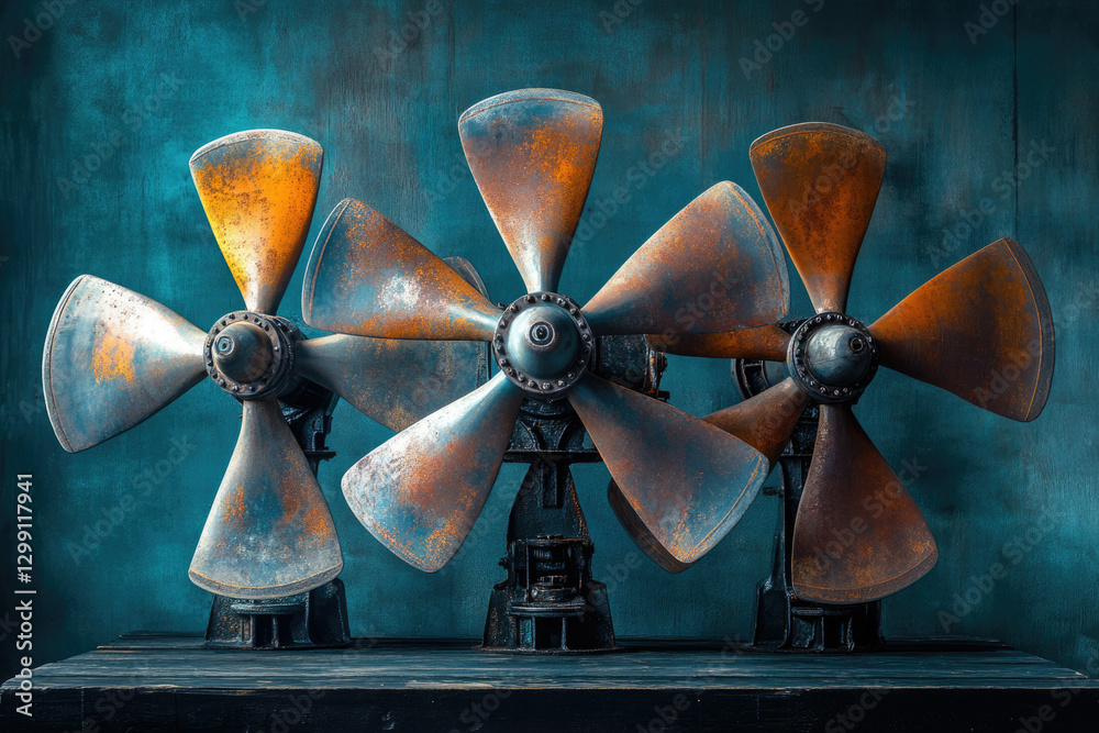 Poster three weathered industrial propellers stand in a row against a teal backdrop, evoking a sense of age