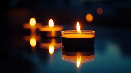 A serene close-up of three flickering tealight candles, casting a warm glow in a tranquil setting.