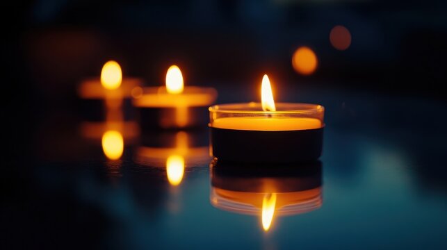A serene close-up of three flickering tealight candles, casting a warm glow in a tranquil setting.