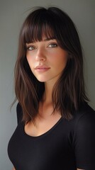 Fototapeta premium Portrait of a young woman with long dark hair and bangs, showcasing a natural look and calm expression against a neutral background