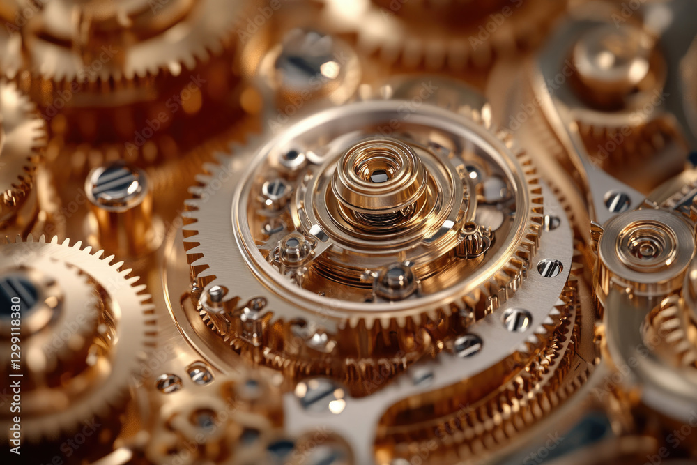Poster Intricate gold gears interlock, showcasing precision engineering and complex mechanics in a mesmerizing close-up.